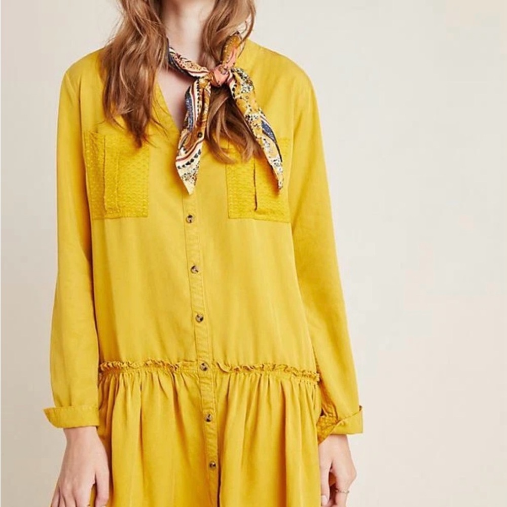 Anthropologie Maeve Marlie Long Sleeve Button Front Tunic Dress Sz 2 Mustard - Picture 3 of 8